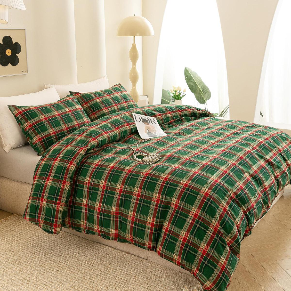 Cotton 3 Pcs Duvet Cover Set Linen Feel Buffalo Plaid Queen