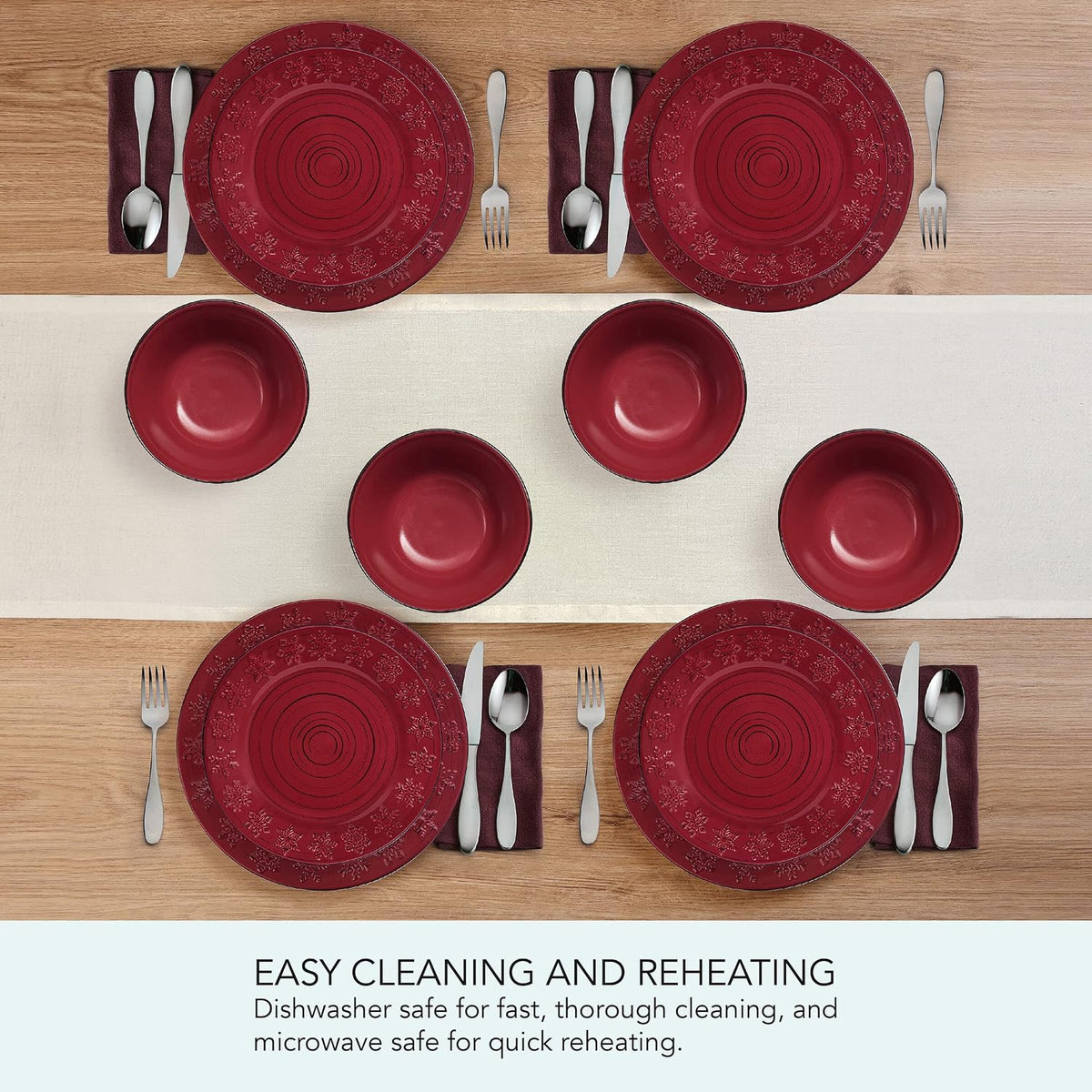Trellis Snowflakes 12 Piece Dinnerware Set, Service For 4, Red