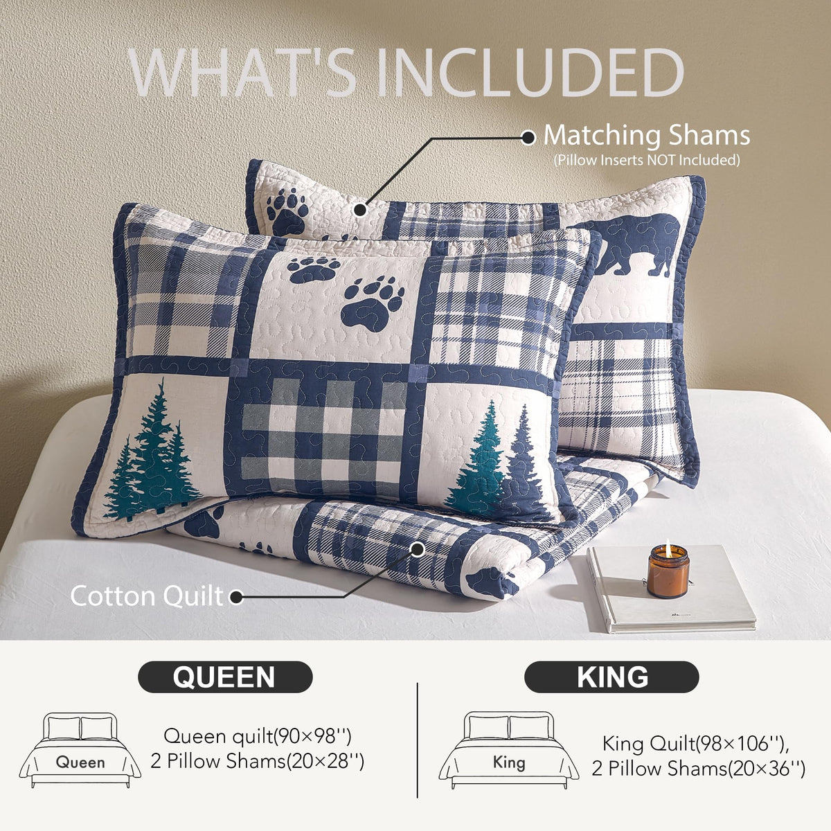 100% Cotton Cabin Plaid Quilt Set Lightweight Bear/Navy/Green