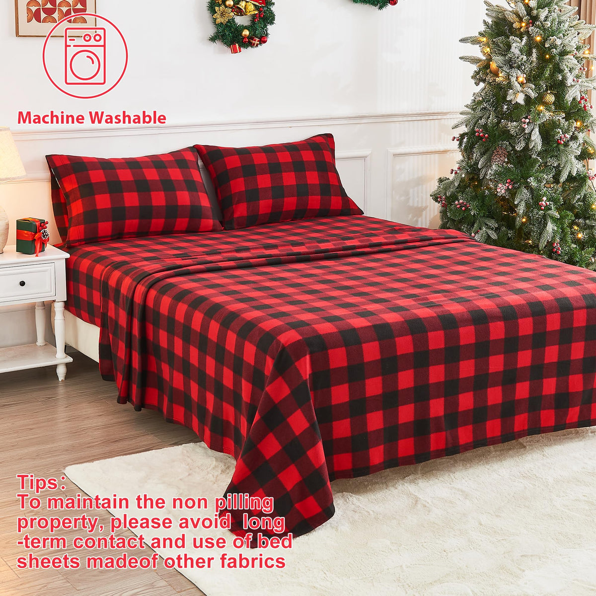 Fleece Sheet Set, Soft Plush Bed Sheets, 4-Piece, Red Buffalo Plaid