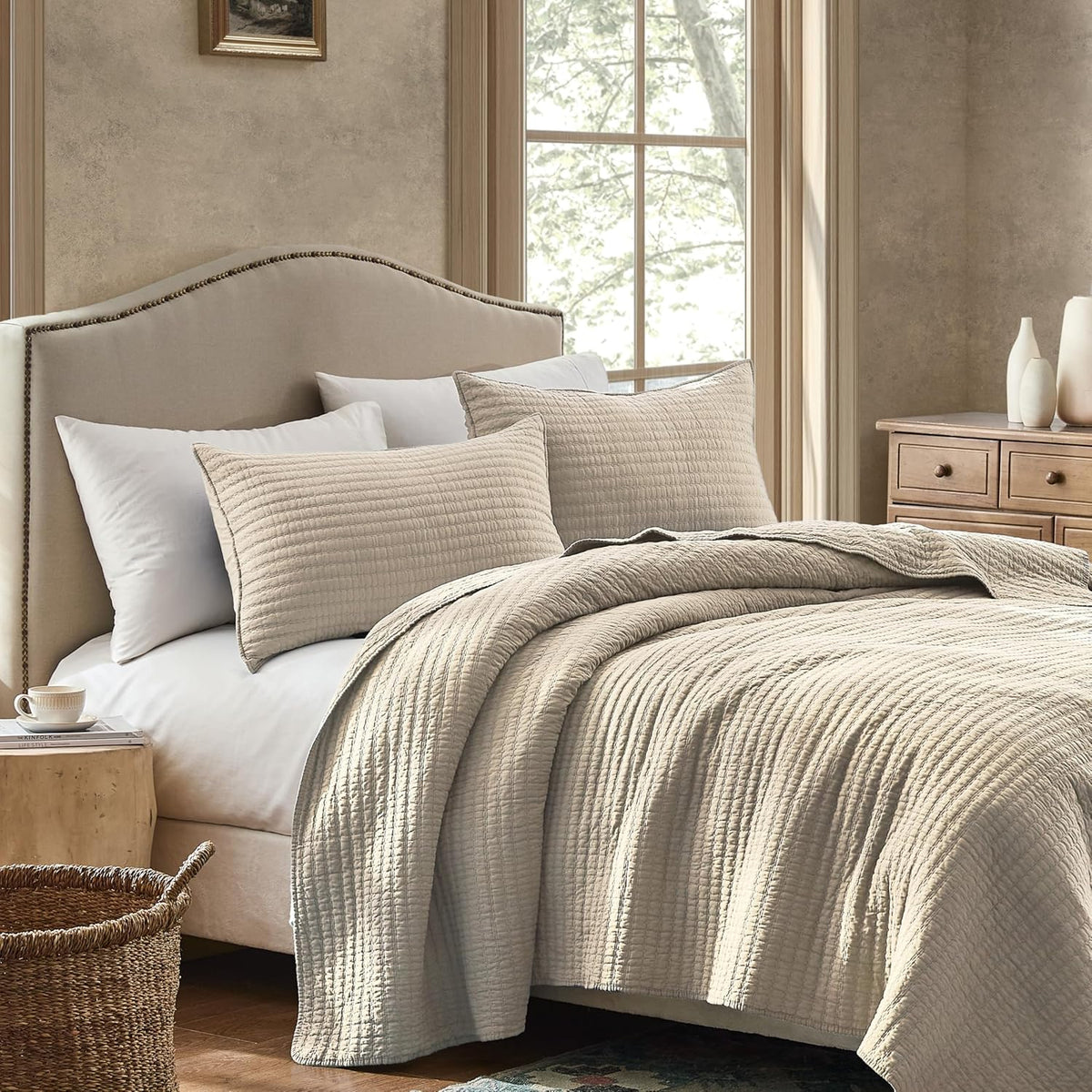100% Cotton Quilt Set - Beige Neutral Striped Pick Stitch Soft Lightweight Bedspread, Textured Like Linen