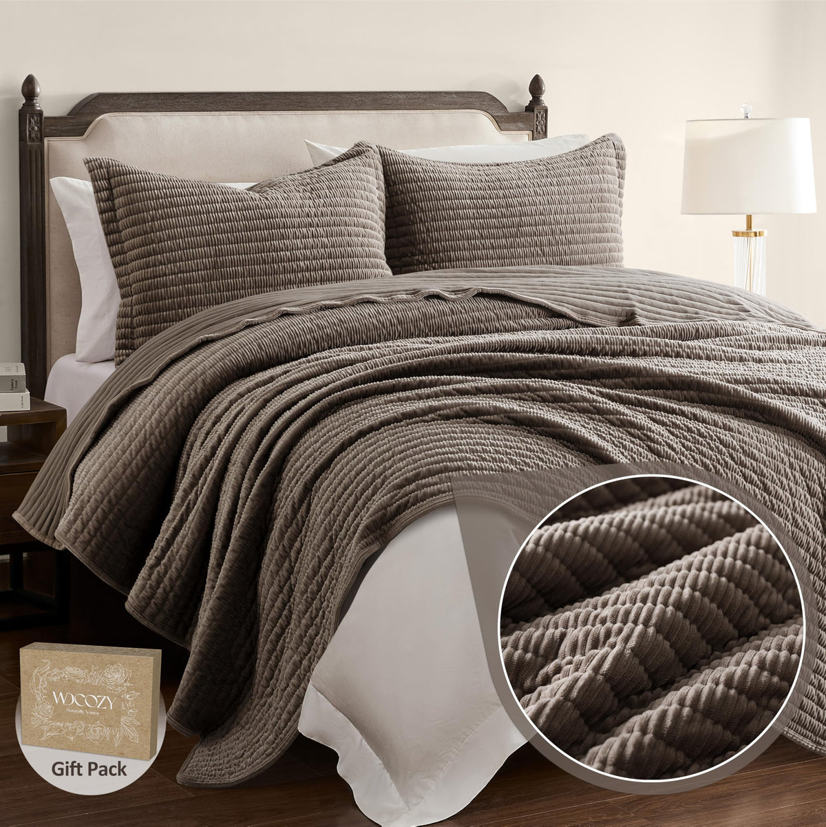 Velvet Quilt Set - Beige Striped Soft Lightweight Bedspread, Tan Neutral Ribbed Farmhouse Country Rustic