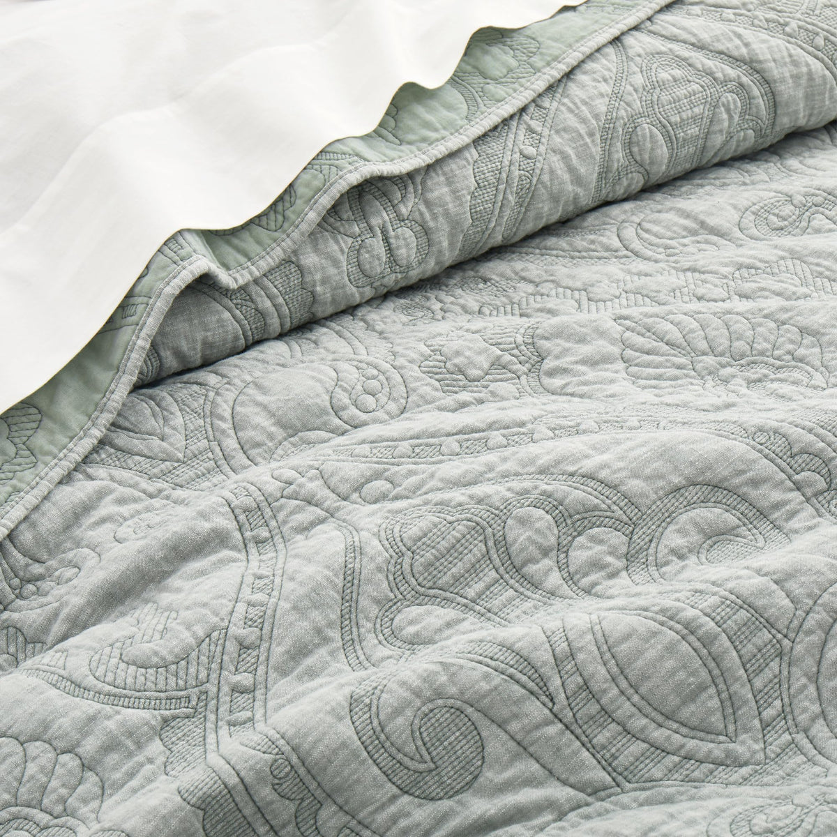 Helena Sage Quilt Set - Quilt (88x92in.) and 2 Standard Shams (20x26in.) - Ornate Paisley Medallion - Sage