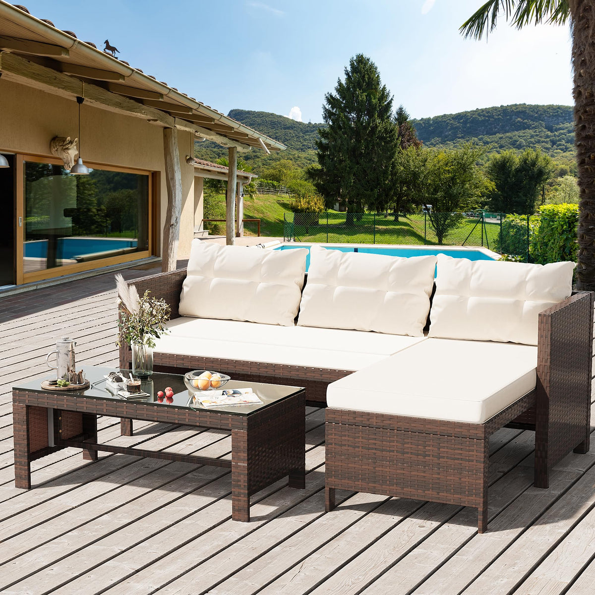 3 Pieces Outdoor Patio Furniture Set, Wicker Patio Conversation Set, All Weather Wicker Rattan Patio Seating Sofas