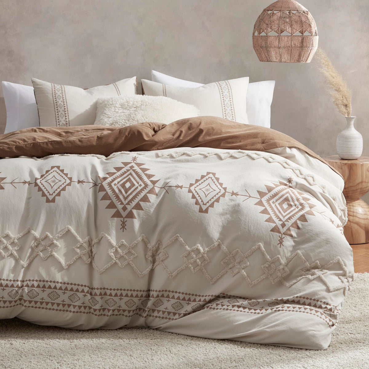 Boho Duvet Cover King Size, Beige & Terracotta, 3 Pieces