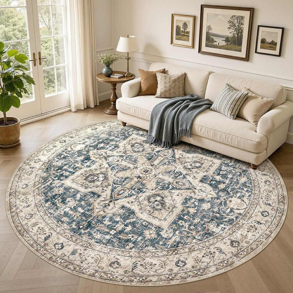 Area Rug 8ft Round Living Room Rug Washable Soft Cream/Blue