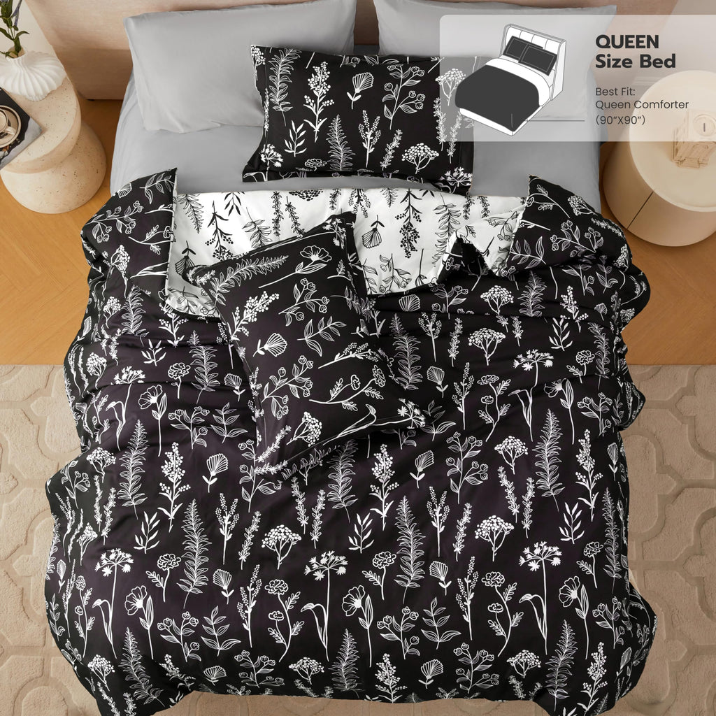 Floral Comforter Set Black Bedding Set - 3 Pieces Bed in a Bag with 1 Soft Reversible
