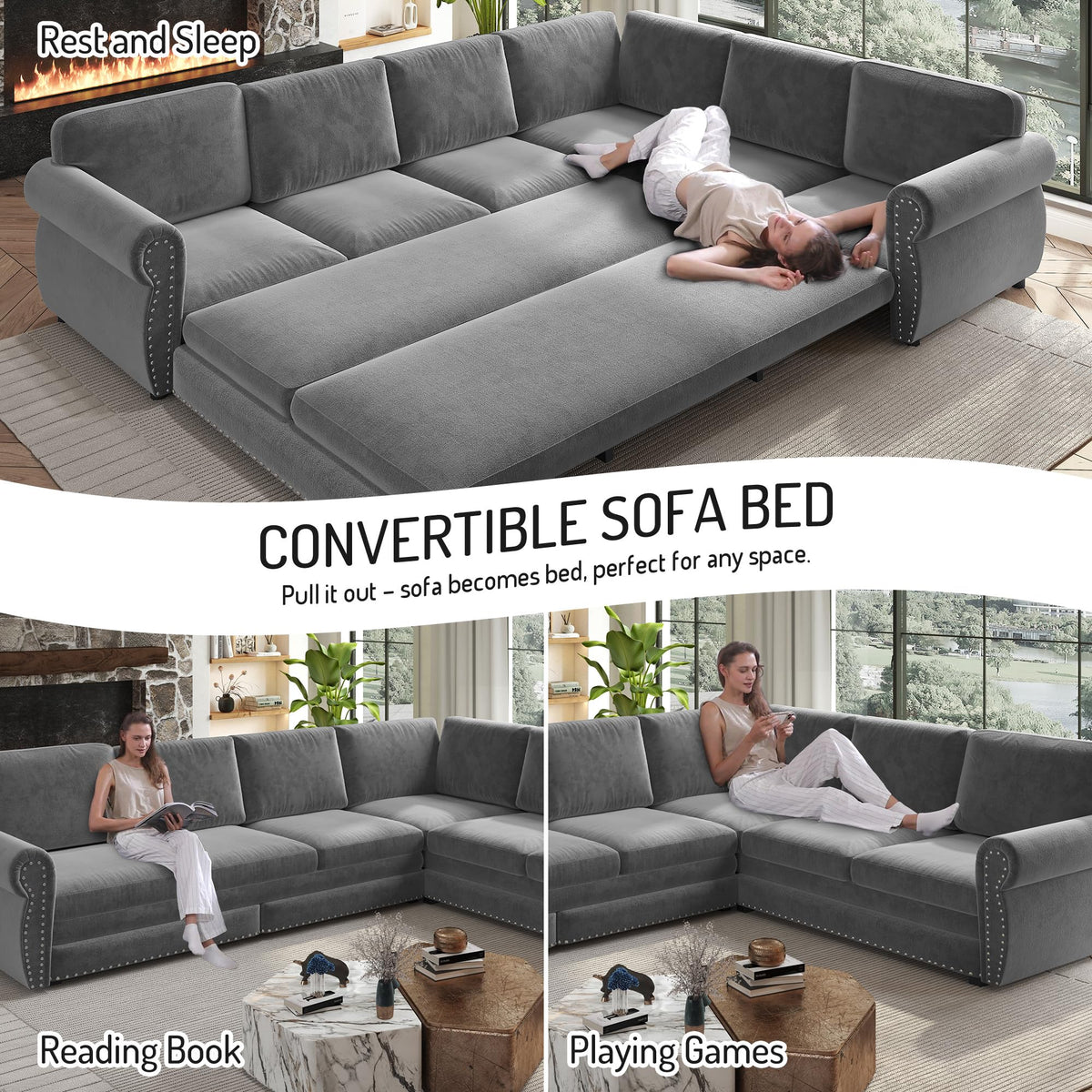 L-Shaped 6-Seat Sleeper Sectional Sofa Bed, Chenille Pull Out Couch