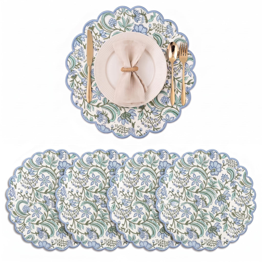 Floral Block Print Round Placemats 15 Inch, Set of 4, Columbia Blue