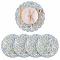 Floral Block Print Round Placemats 15 Inch, Set of 4, Columbia Blue