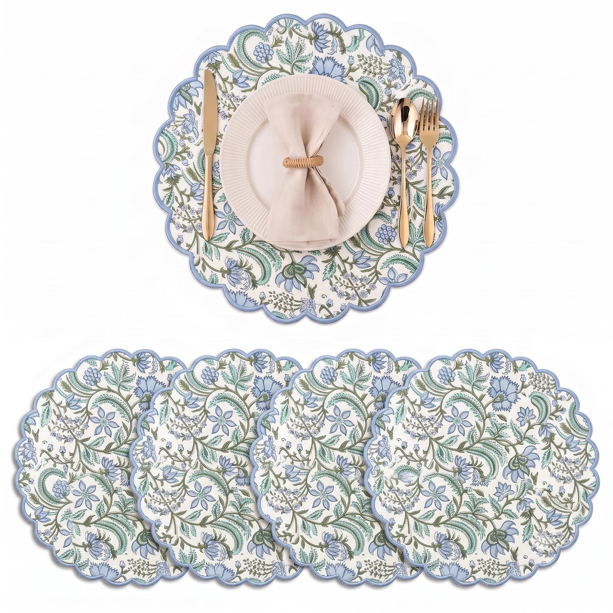 Floral Block Print Round Placemats 15 Inch, Set of 4, Columbia Blue