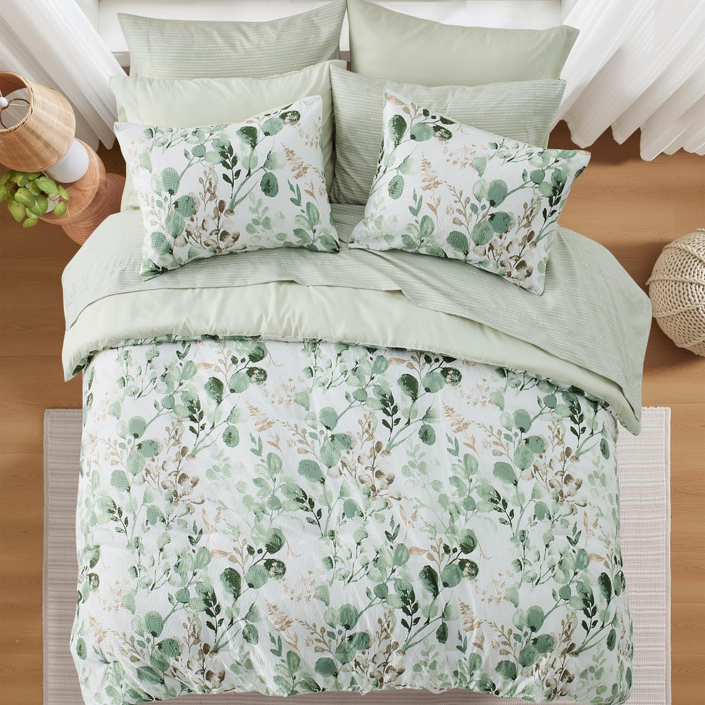 Lightweight Seersucker Botanical Comforter Set, 9 Pieces Reversible Design Bed in A Bag Set, Premium