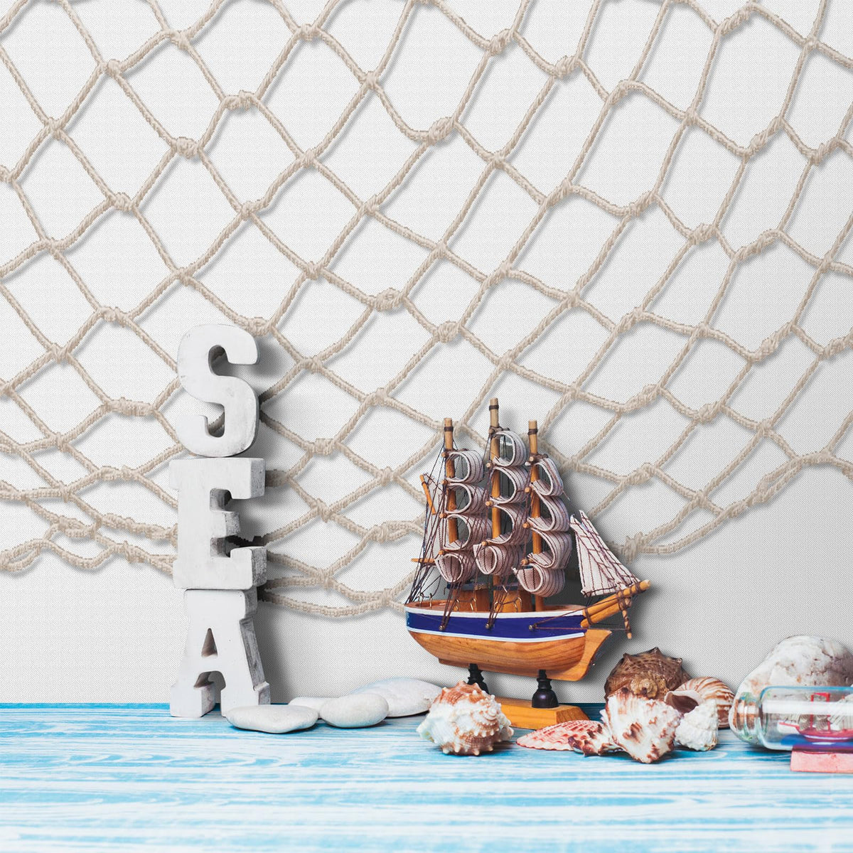 6 Pack Fish Net Decorative and Tablecloth Set, Cotton Fishnet and Plastic Table Cover Decorations Set for Nautical