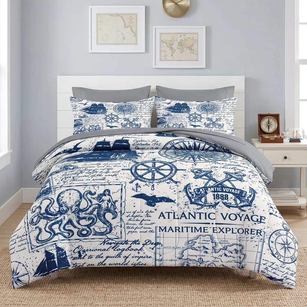 Queen Comforter Set with Sheets, 7 Pieces Nautical Anchor Bedding