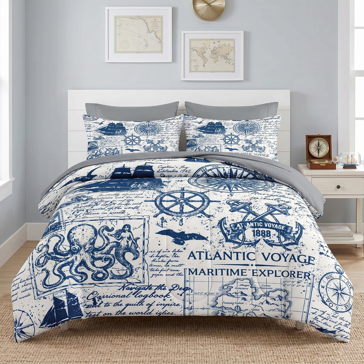 Queen Comforter Set with Sheets, 7 Pieces Nautical Anchor Bedding