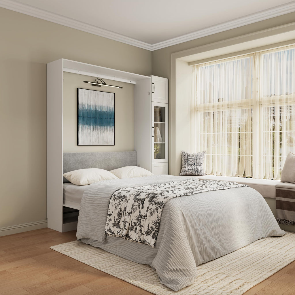 Farmhouse Murphy Bed Queen, 85" Wall Bed Folds to Save Space, Concealed Bed Frame with 1 Glass Storage Cabinet and