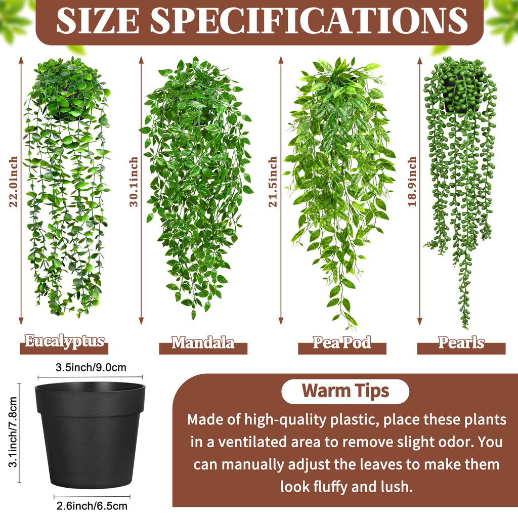 4Pcs Artificial Hanging Plants with Cascading Faux Vines