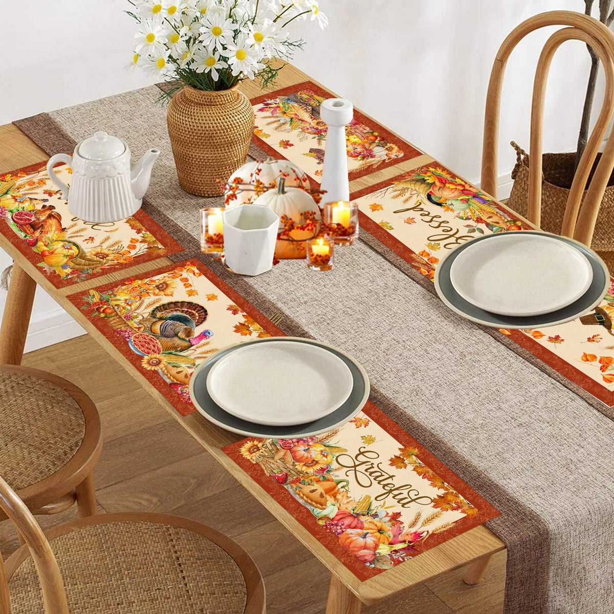Thanksgiving Placemats Set of 6, Turkey Holiday Placemats Set of 6 12x18 Inch for Dining Table, Thanksgiving Place