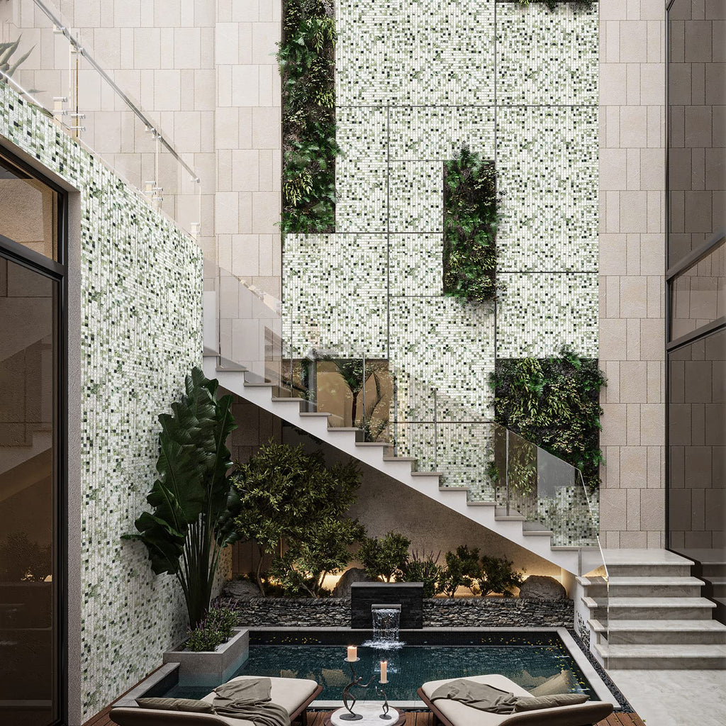 6 Sheets Emerald Green and Carrara White Marble Square Mosaic backsplash Tiles, Polished Shower Room Floor and Wall