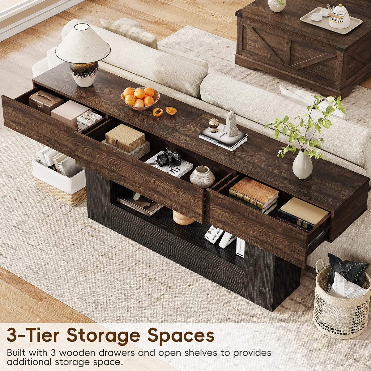 79" Long Farmhouse Console Table w 3 Storage Drawers, 2-Tier Entryway Table
