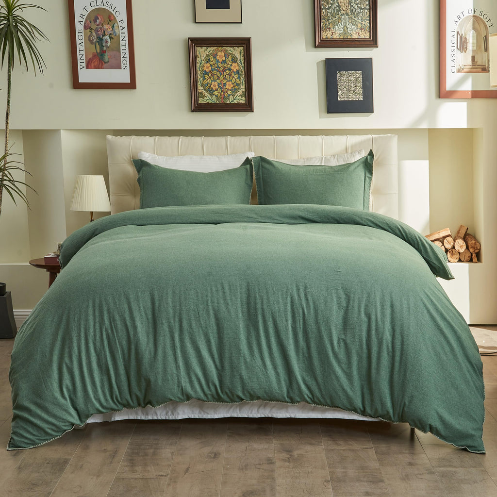 100% Washed Cotton Duvet Cover Set 3 Pieces with Triangle Hem Solid Colour Linen Durable, Breathable, Soft