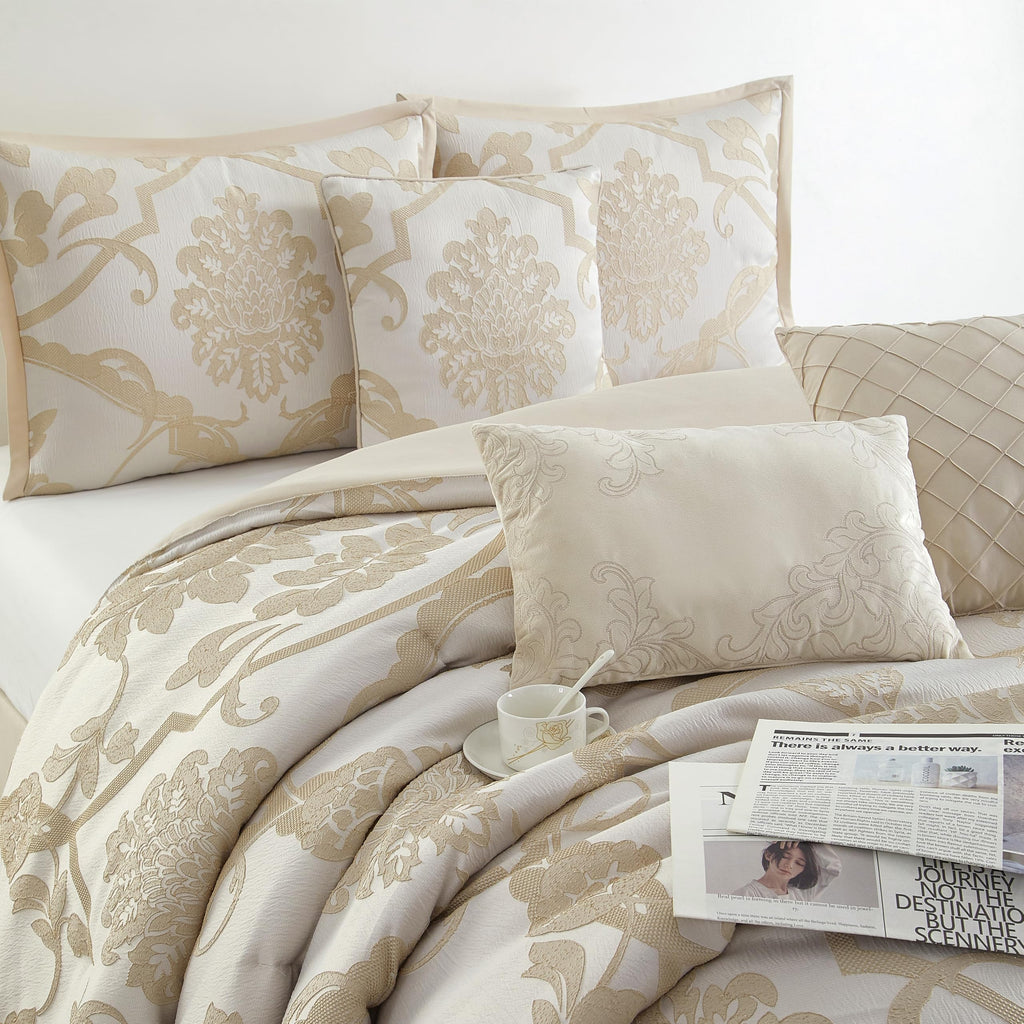 7 Piece Gold Comforter Set, Elegant Floral King Size Bedding, Jacquard with Matching Solid Microfiber Piece Work, All