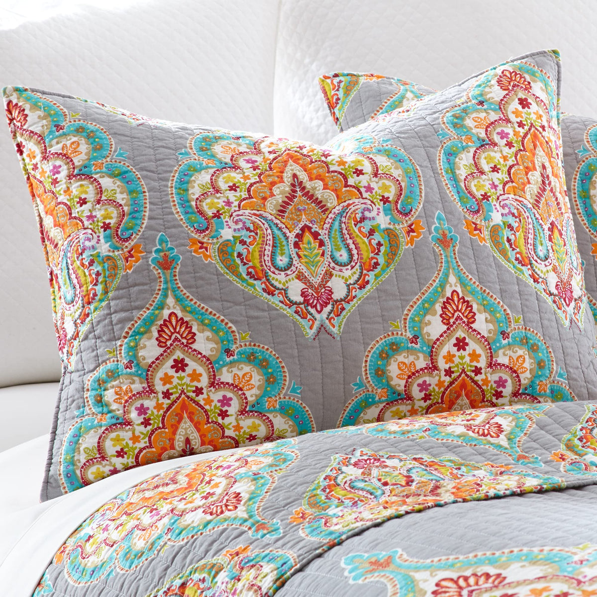 Marielle Grey Twin Cotton Quilt Set, Grey, Damask
