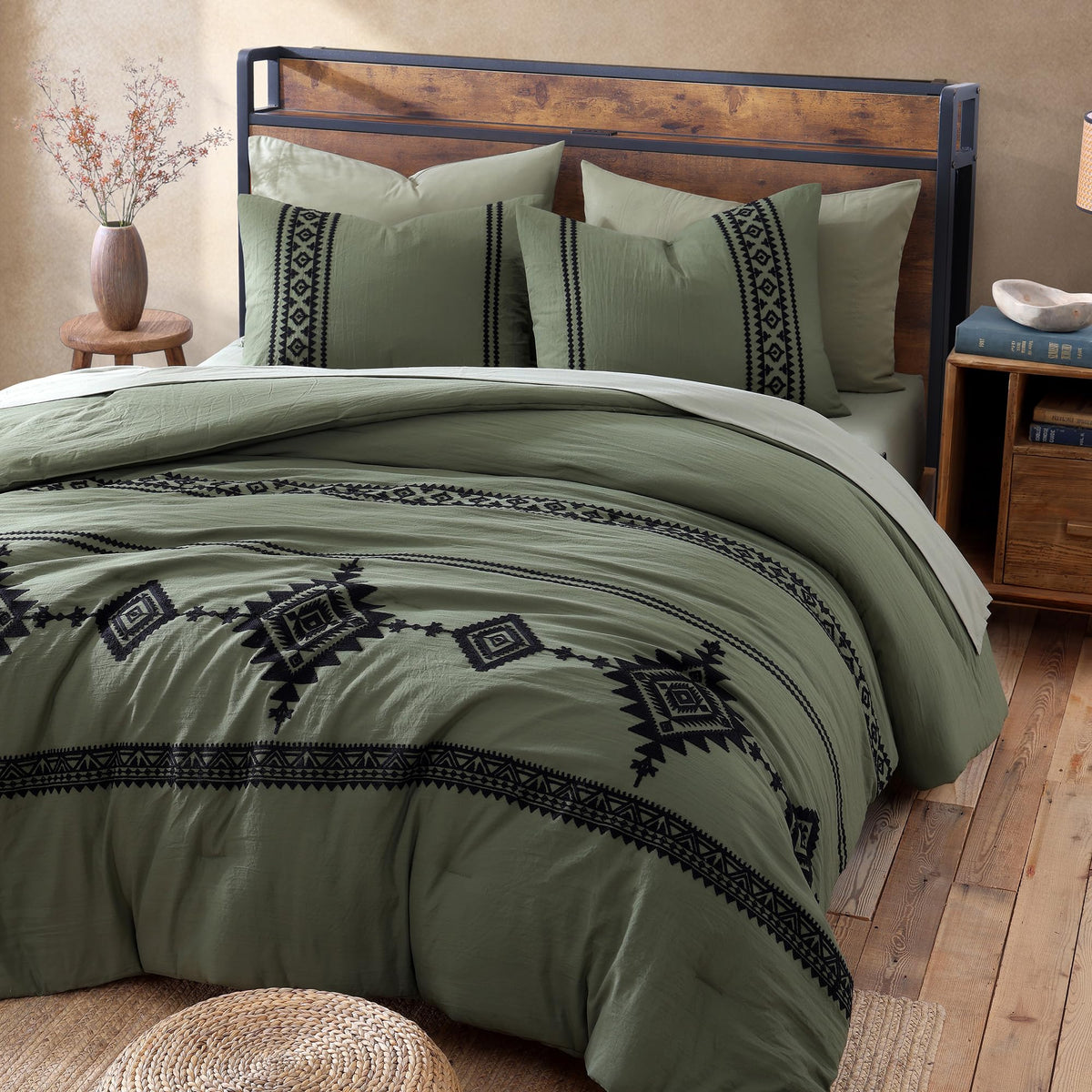 Embroidery Queen Comforter Set 7 Pieces Olive Green Bed in a Bag
