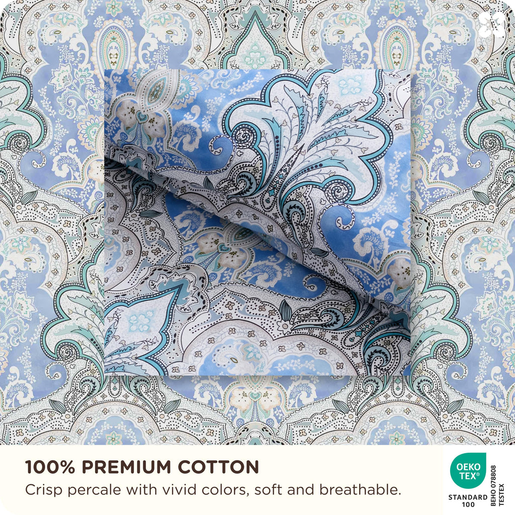 PureWoven 100% Cotton Floral Duvet Cover Set, King, Blue Paisley