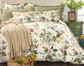 Floral Duvet Cover Set 100% Cotton Green and Beige Striped Shabby Flower Bedding Branches Botanical Printed