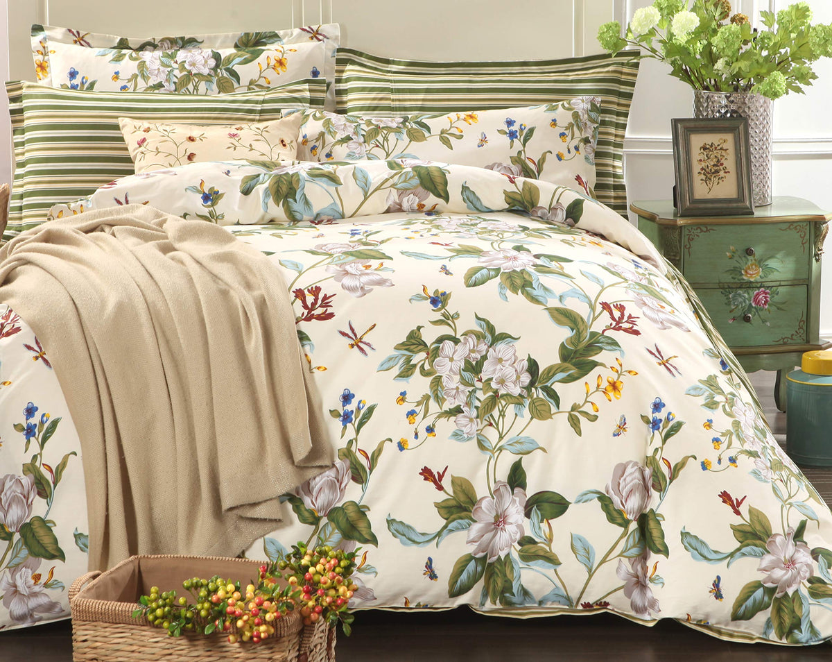 Floral Duvet Cover Set 100% Cotton Green and Beige Striped Shabby Flower Bedding Branches Botanical Printed
