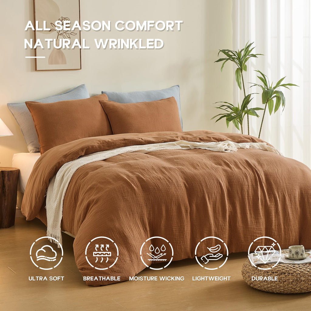 Muslin Duvet Cover Set, 3Pcs Rust Linen Cotton 3-Layer Gauze Minimalist Comforter Cover 104"x92", Ultra