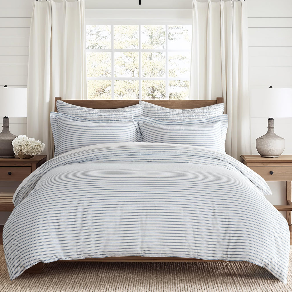 Tobago Stripe Blue Reversible Duvet Cover Set (90x94in) with 2 Pillowcases (26x20in) - Striped - Blue, White