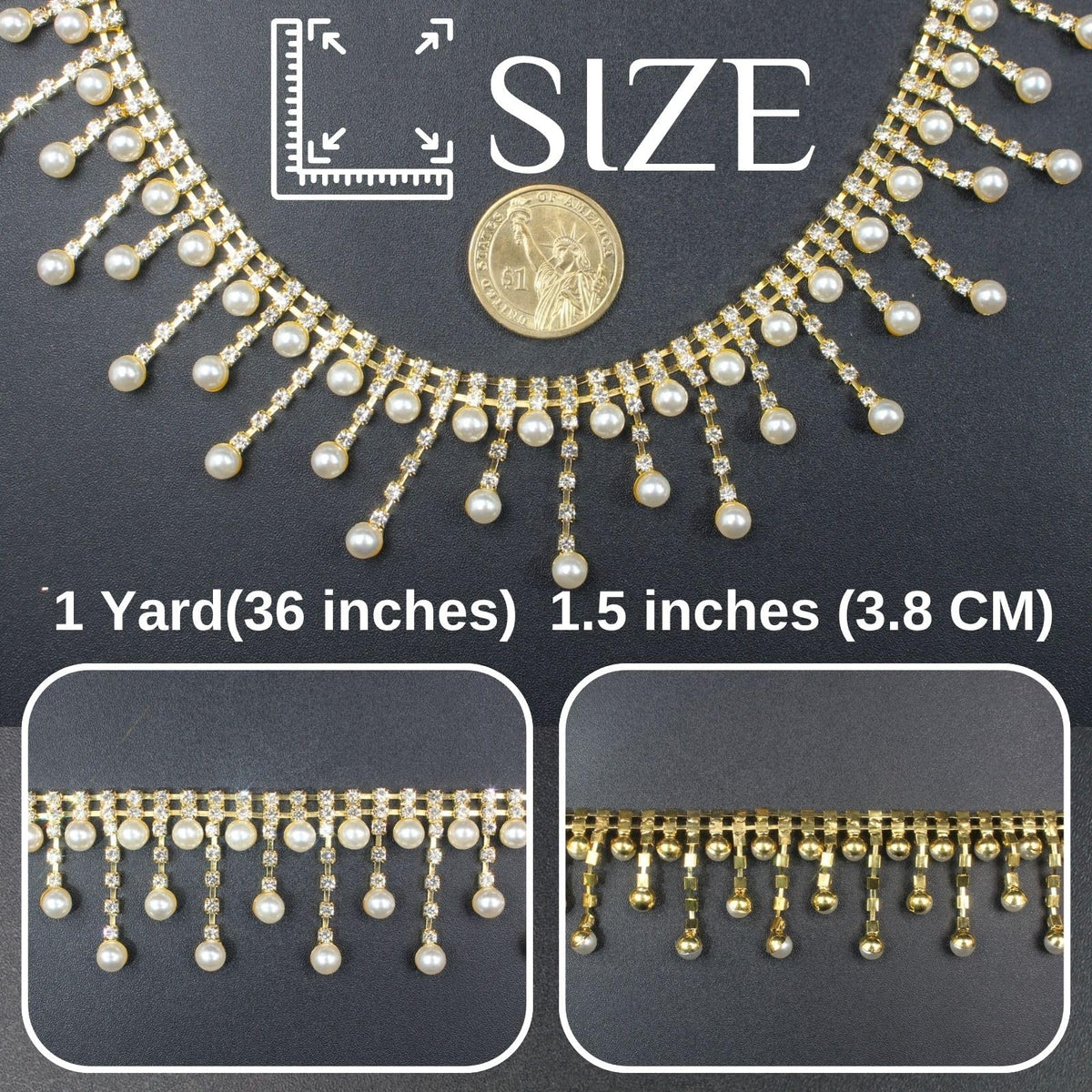 Pearl Rhinestone Trim Chain Crystal Fringe Gold Diamond Applique Ribbon String Tassel Strip for Sewing Wedding - 1 Yard