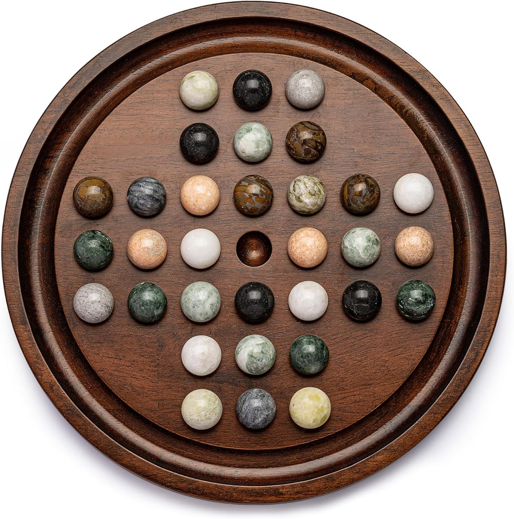 Deluxe Solitaire Game Set: 12.6'' Solid Wooden Board, 32 Natural Marble Balls, Single-Player Strategy and Smart Games