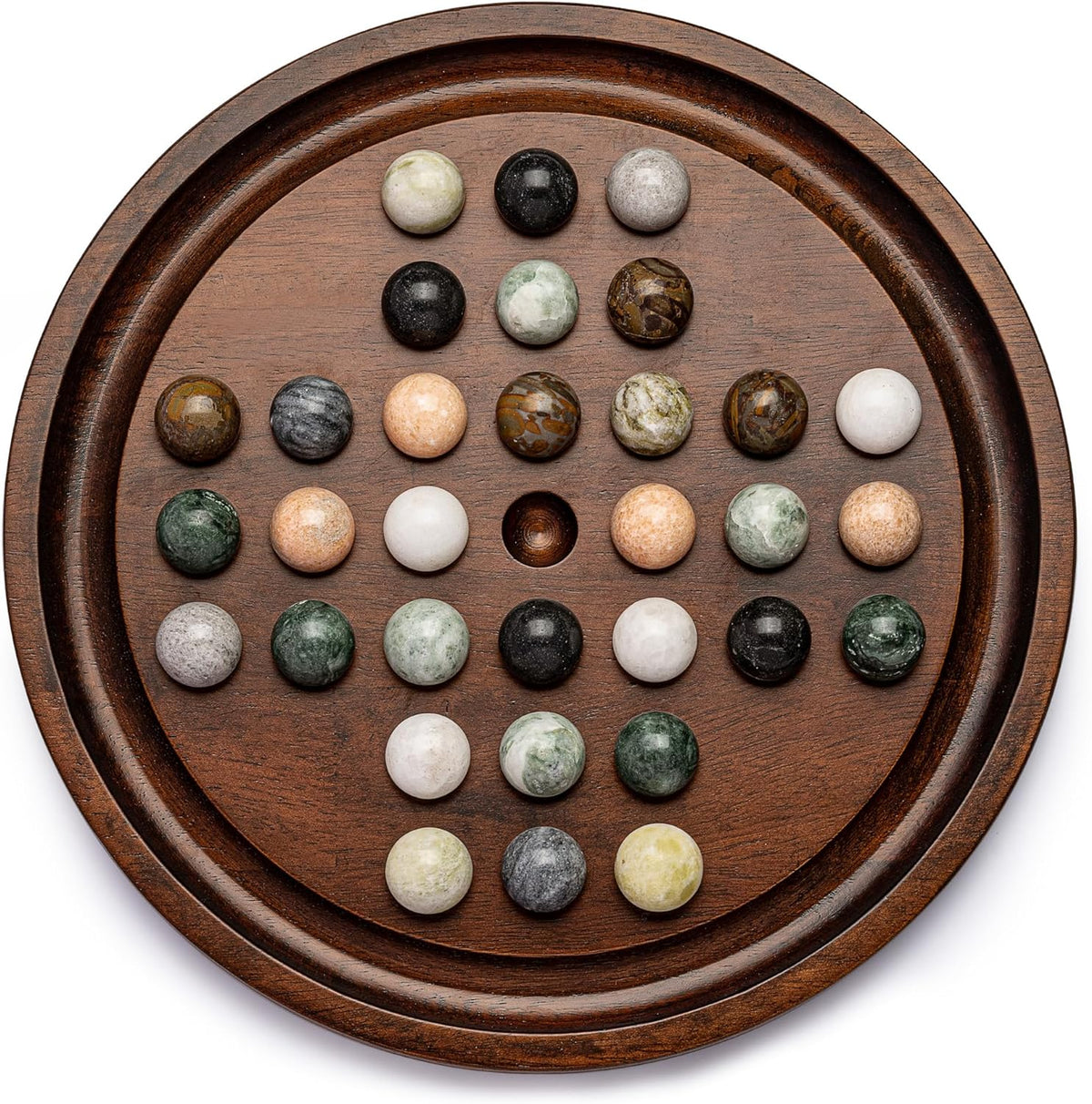 Deluxe Solitaire Game Set: 12.6'' Solid Wooden Board, 32 Natural Marble Balls, Single-Player Strategy and Smart Games