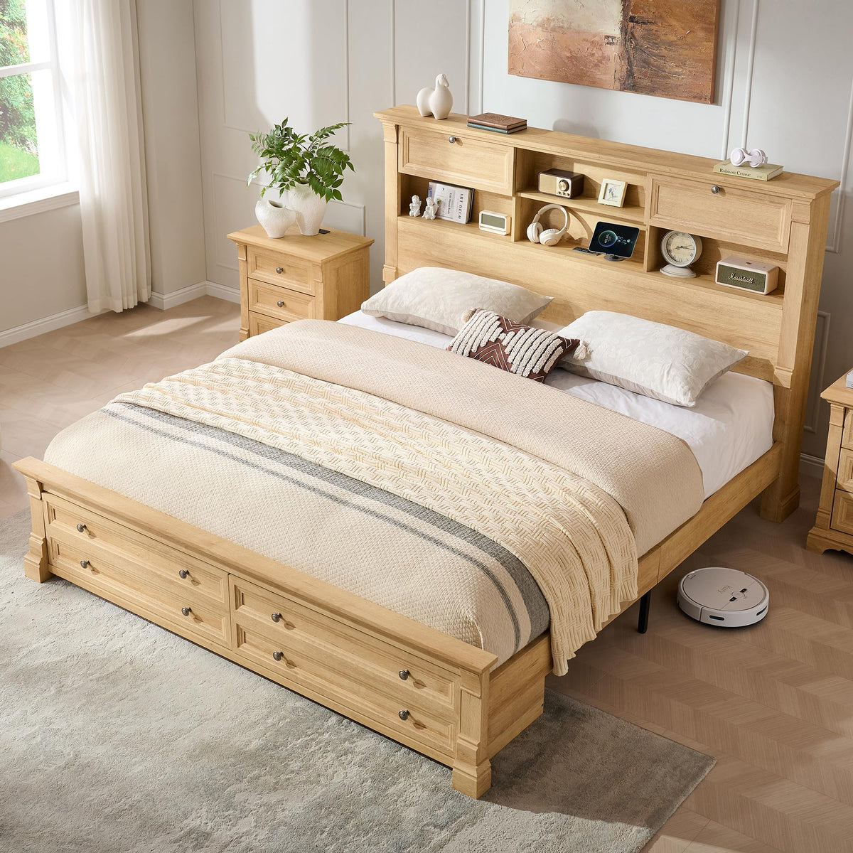 Farmhouse Bed Frame with Charging Station, 2 Footboard Drawers