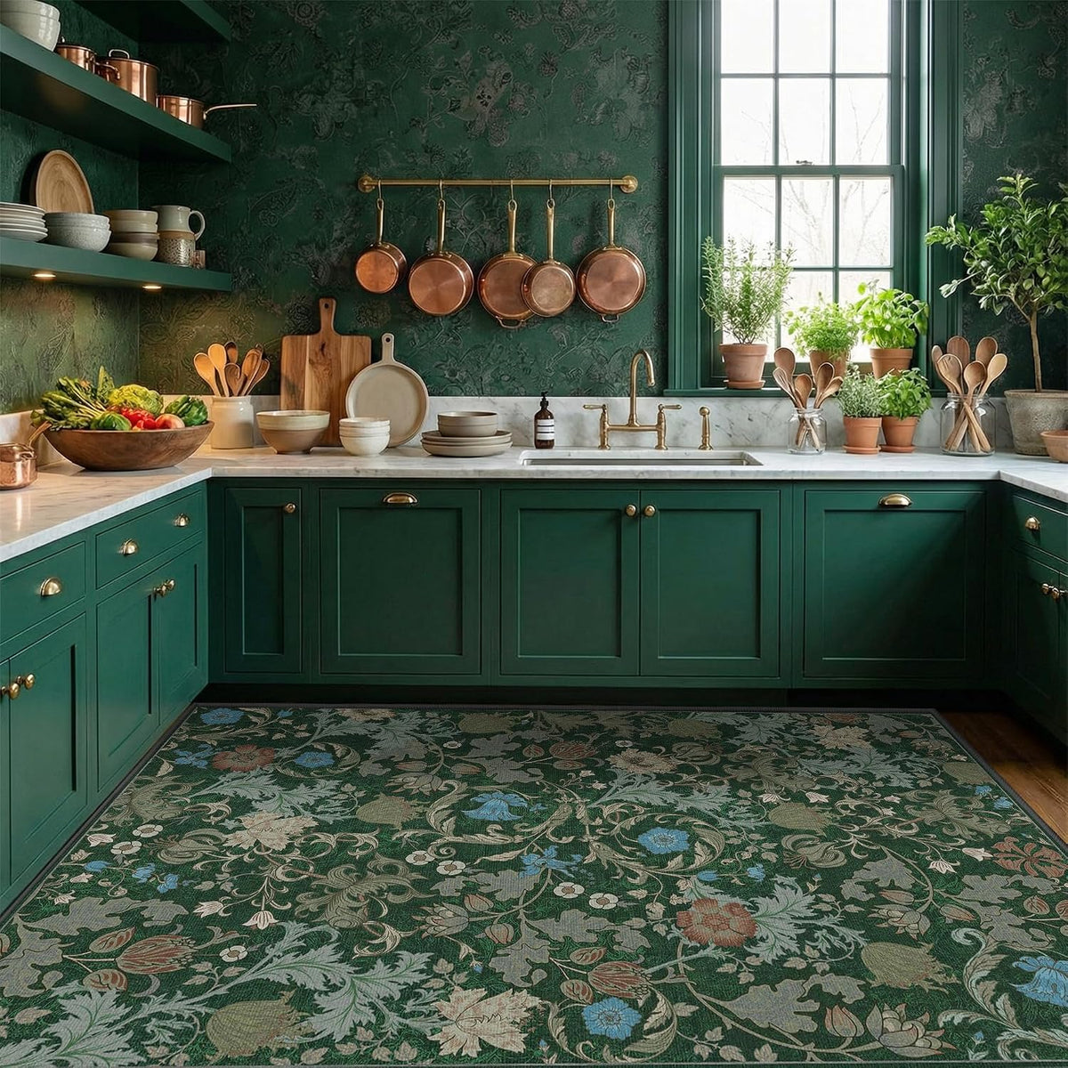 Floral Rug, Washable Rug Non Slip, Forest Green