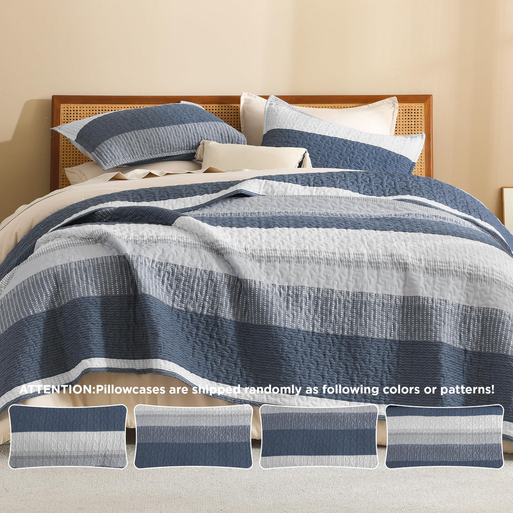 Super Quilt, 3 Pcs Navy Blue Stripe Bedding Set