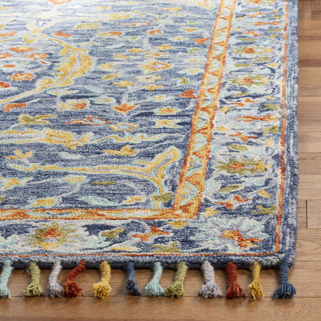 Aspen Collection Area Rug, Blue & Rust, Handmade Boho Braided Tassel Wool, Ideal for High Traffic Areas in