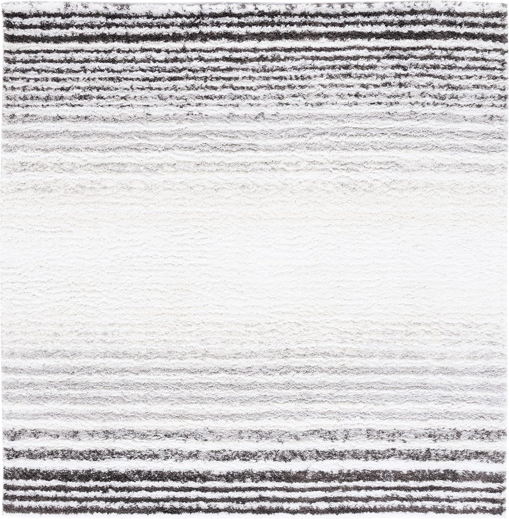 Berber Shag Collection Area Rug - 7' Square, Ivory & Grey, Stripe Design, Non-Shedding & Easy Care, 1.25-inch Thick