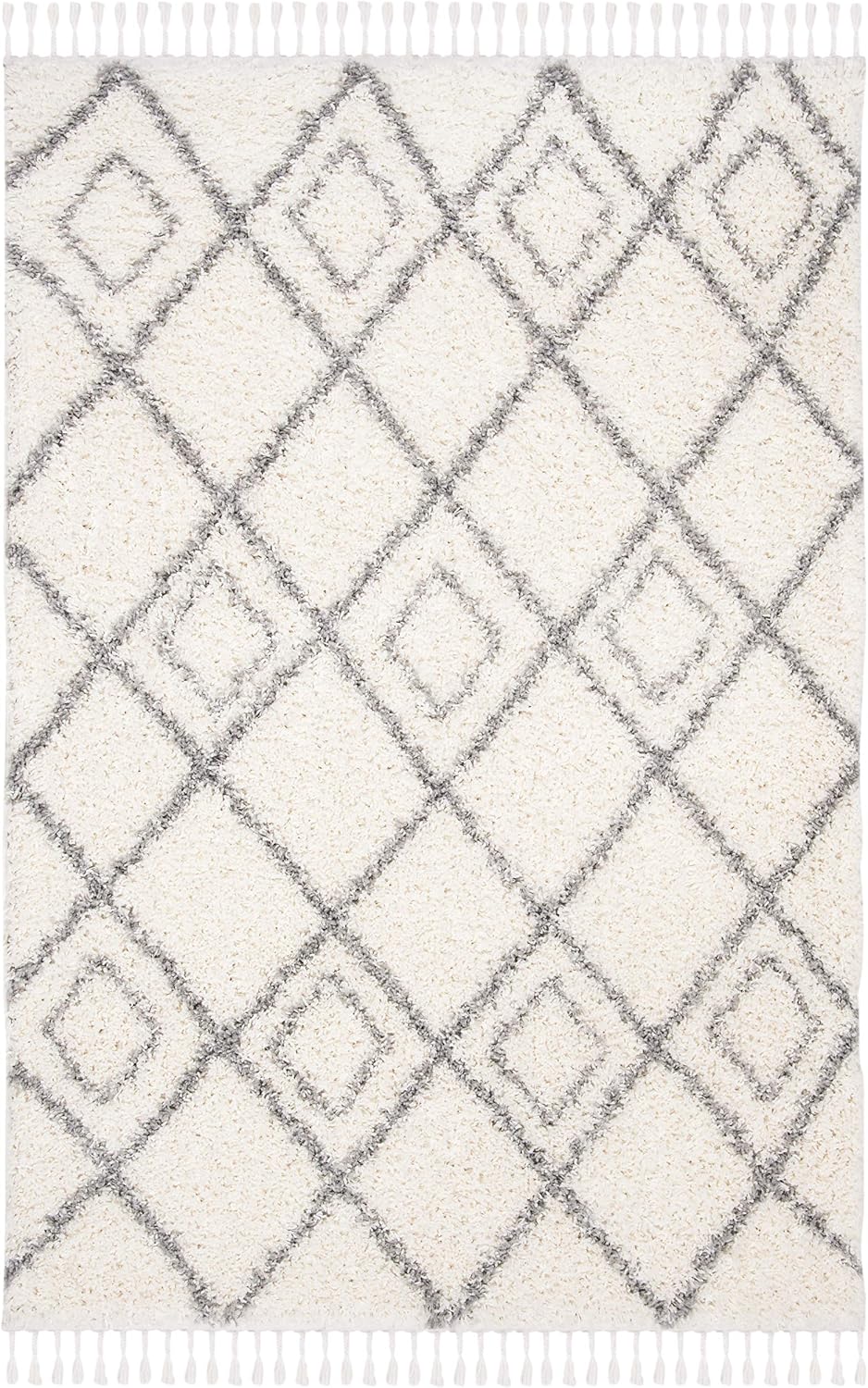 Moroccan Tassel Shag Collection Area Rug, Ivory & Light Grey, Boho, Non-Shedding & Easy Care, 1.5-inch