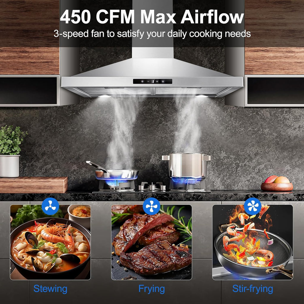 30 Inch Stainless Steel Wall Mount Range Hood 450 CFM 3 Speed Touch Control, LED Lights, Aluminum Filters, Convertible Ducted/Ductless