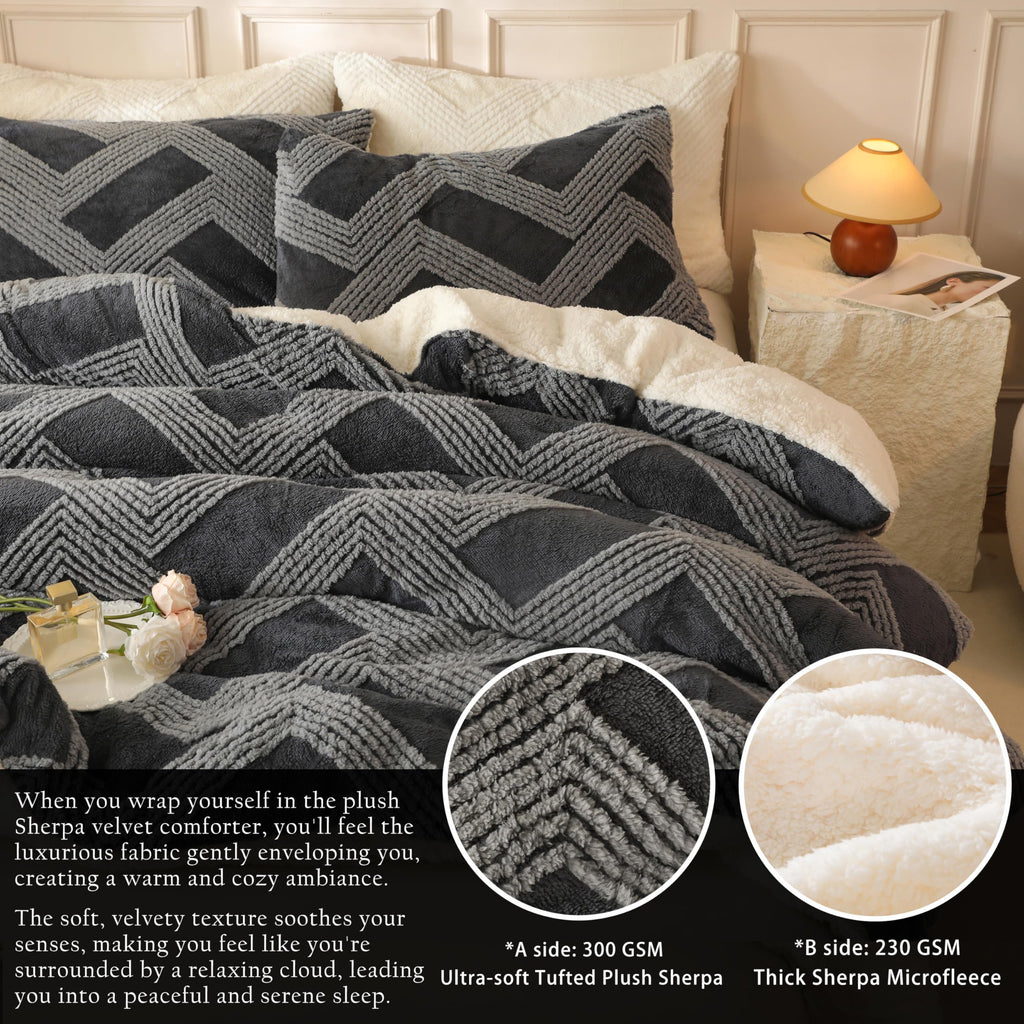Tufted Boho Comforter Set King - Grey Fluffy Sherpa Bedding Set, Soft Fuzzy Jacquard Quilt Set, 3 Pieces Cozy Bed Set