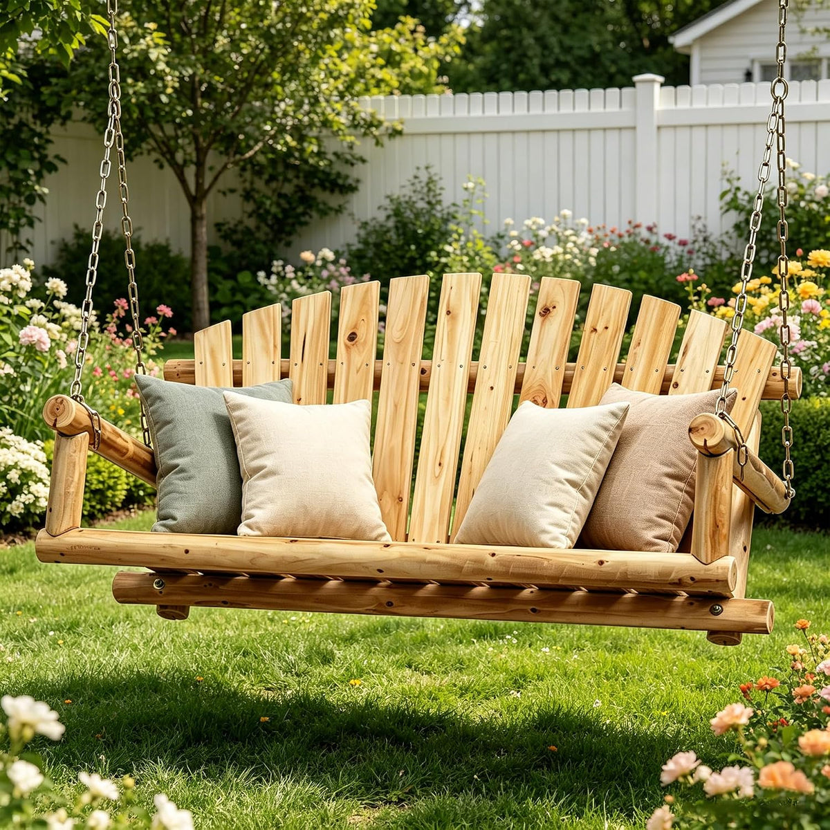 Outdoor Wooden Porch Swing Front Porch Hanging Bench Swing 2 Seat Chair for Garden, Patio, Backyard, Playground, Log