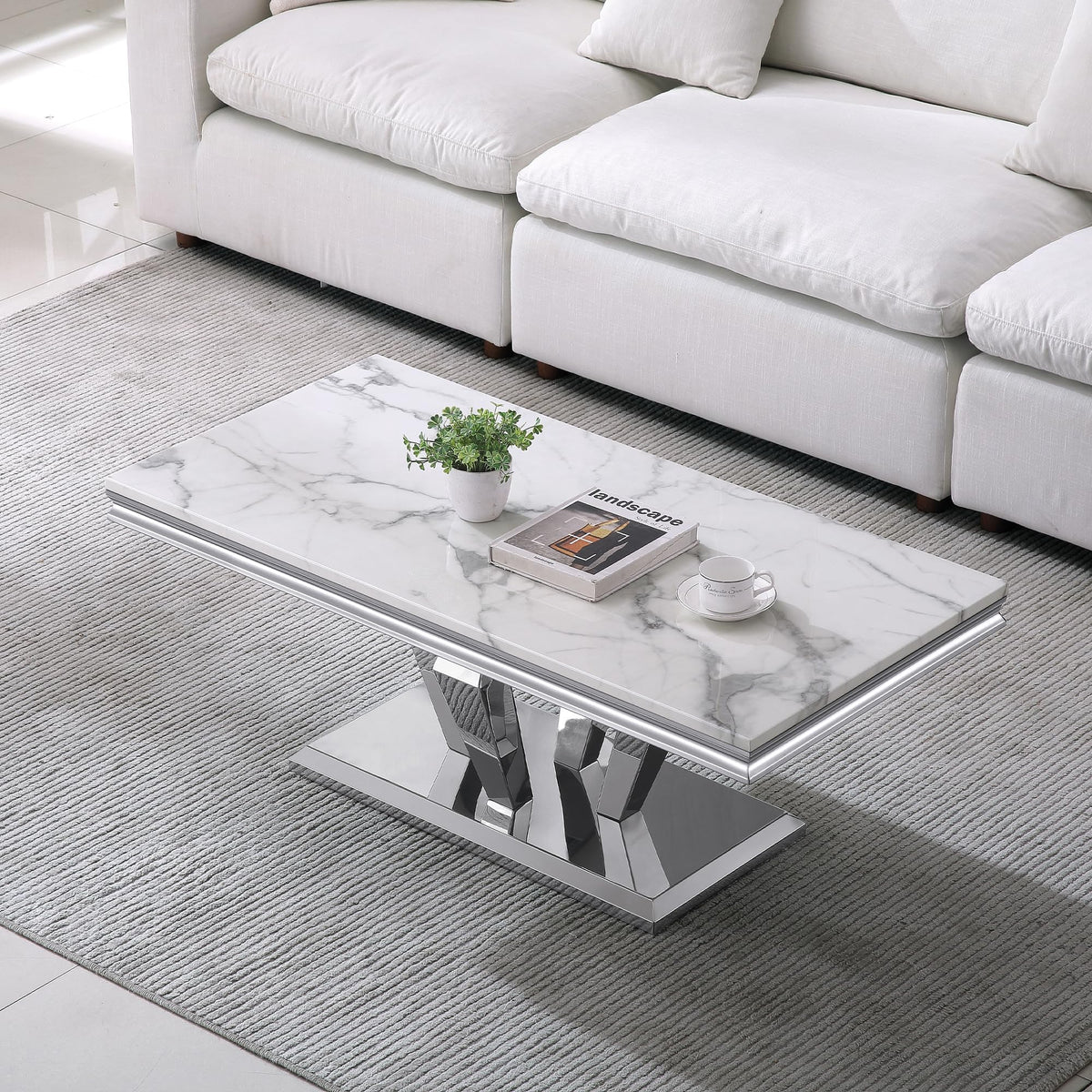 Modern 4 Piece Living Room Table Set, Includes 1 Coffee Table& 2 End Tables &1 Console Table, Luxury Faux Marble