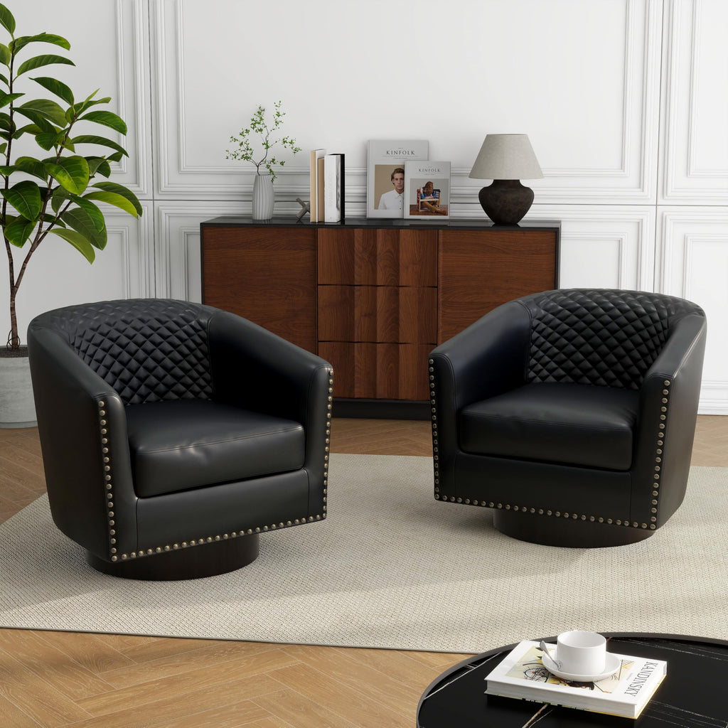Faux Leather Swivel Accent Chairs Set of 4, Barrel Club Armchair, Black