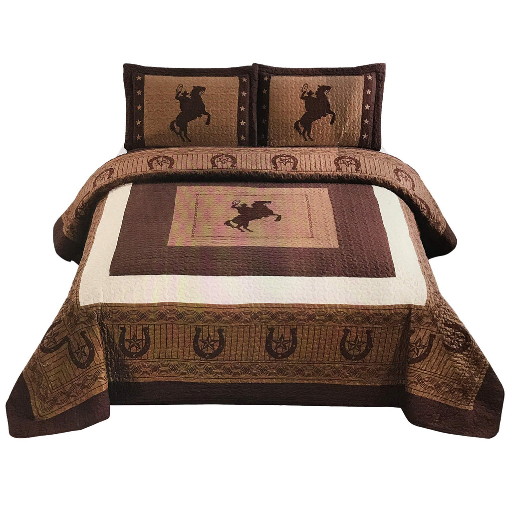Peak 3 Pc Luxury Western Texas Cross Praying Cowboy Horse Cabin Lodge Barbed Wire Luxury Quilt Bedspread Oversize