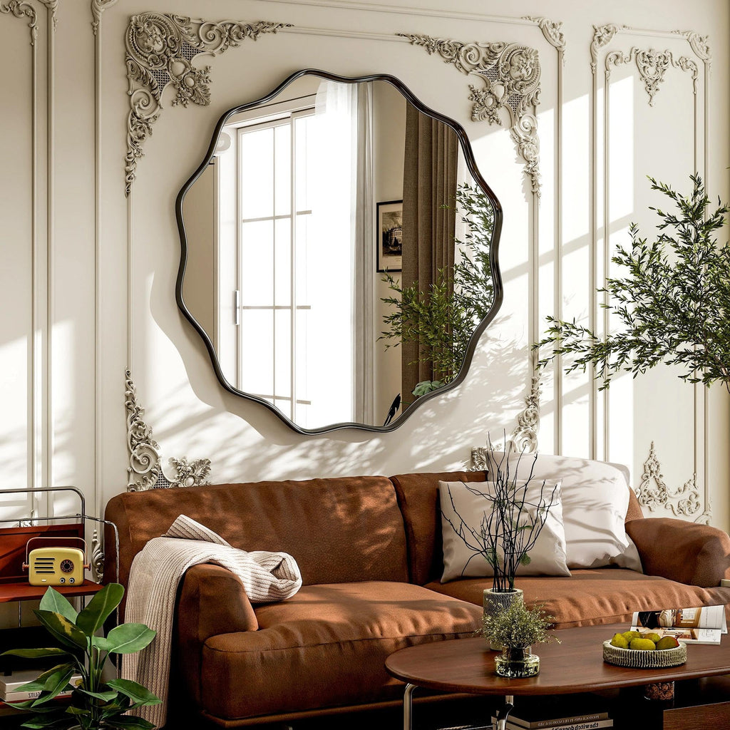 Black Scalloped Circle Mirror, 36" Wavy Edge Round Wall Mirror