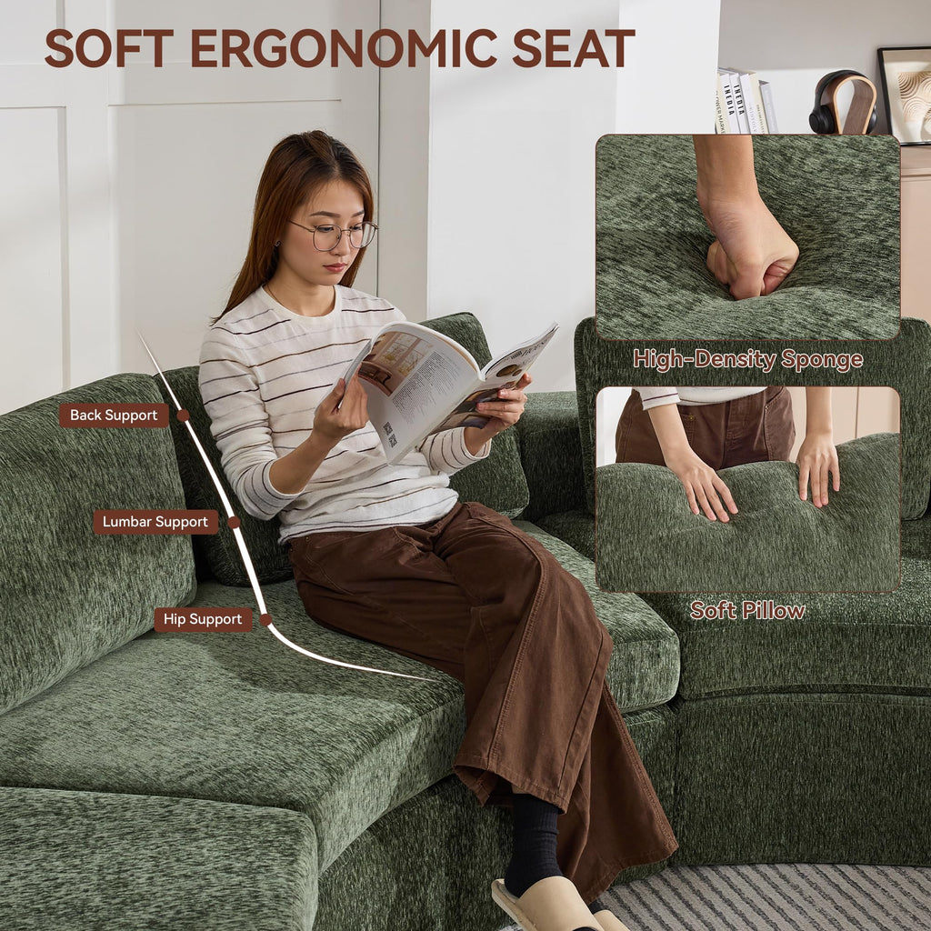 119'' Curved Round Boneless, Oversized Modular Sectional with Deep Seat & Arms, Chenille Memory Foam with Pillows